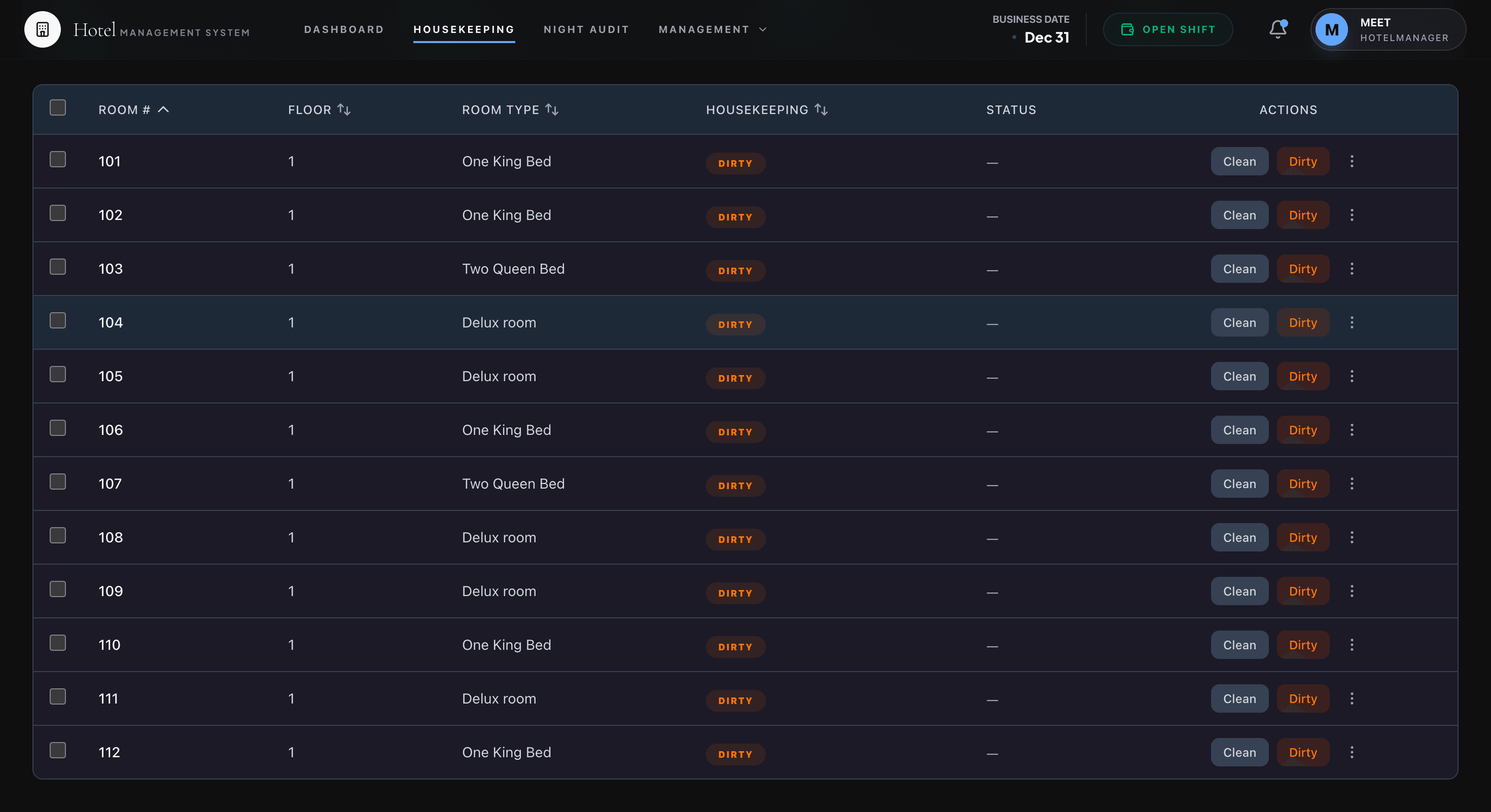 stayvix housekeeping table and filters for cleaning workflows